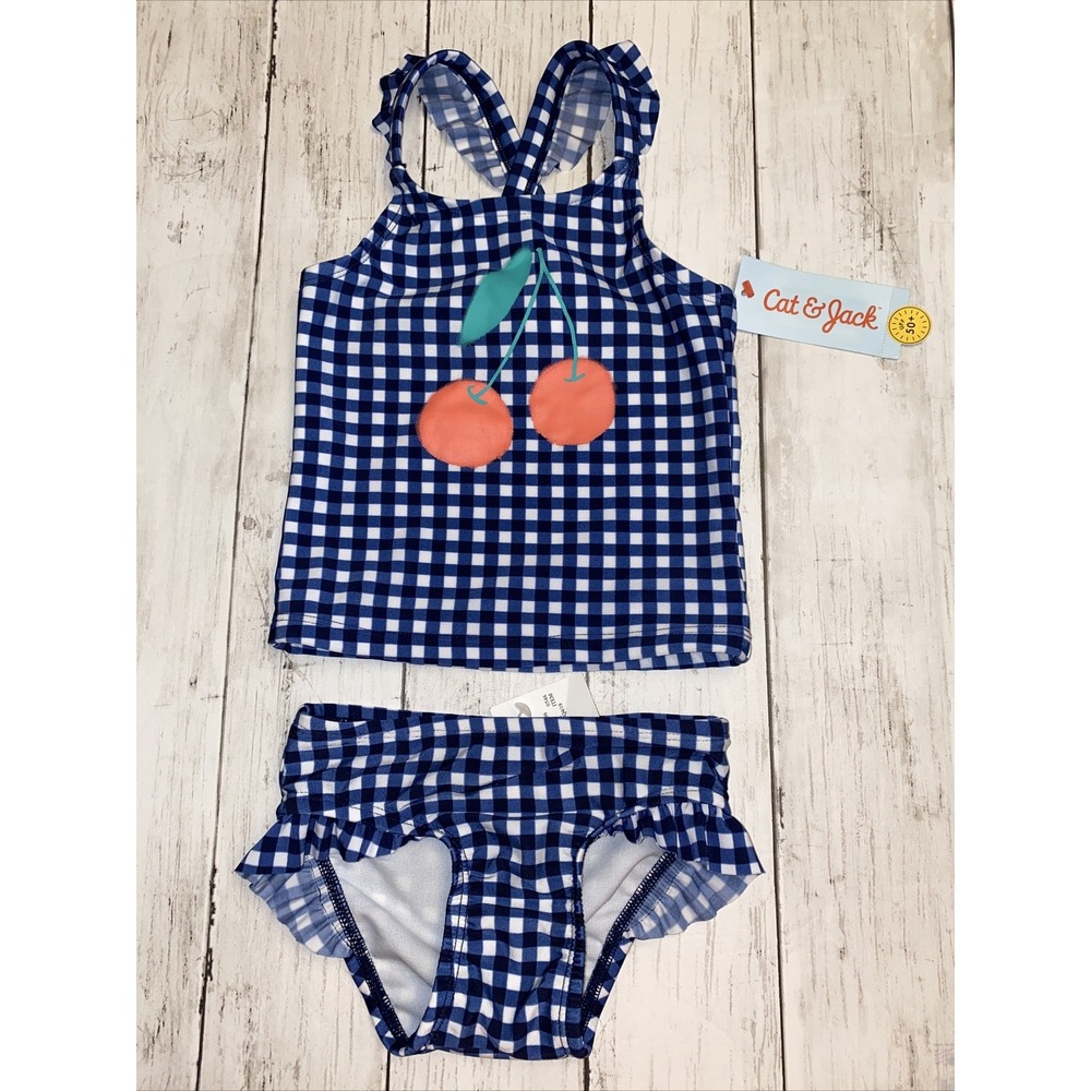 Cat & Jack Gingham Cherry 2 Piece Swim Ruffle Bikini Set Baby Girls Size 2T NEW